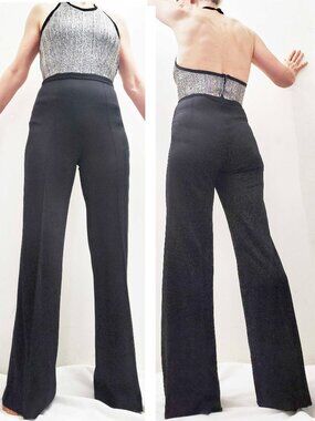 1970s Vintage Womens Disco Silver Metallic Black Bell Bottom Halter Top Jumpsuit